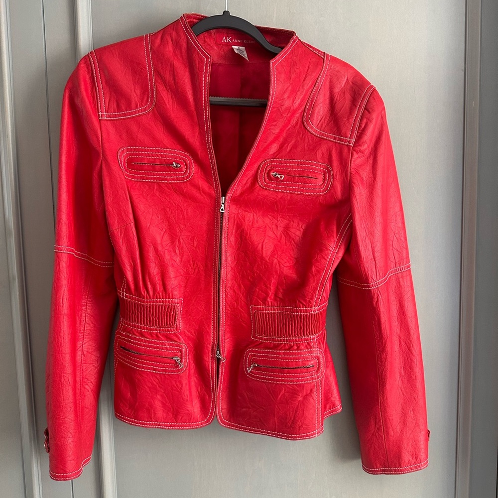 Anne Klein Bright Red Zip-Front Leather Jacket